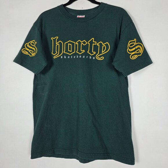 Vintage Y2K Shortys Skateboards Mens Large Short Sleeve Green Graphic T Shirt - Picture 1 of 8